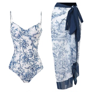 大码泳衣女中国风微胖遮肉保守比基尼罩裙套装大胸显瘦连体泳装
