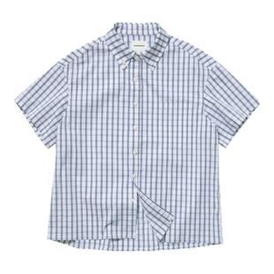 CountryMoment 美式复古蓝色格纹衬衫男女宽松短袖cleanfit衬衣夏