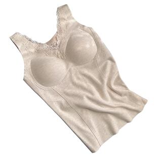 汐黛儿蕾丝肩带带胸垫保暖内衣羊绒女生打底衣免穿文胸美体上衣