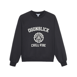 北欧时刻美式复古圆领加绒卫衣女春季高级感字母印花深灰色上衣