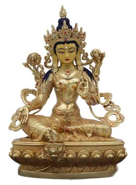 藏传铜鎏金一尺绿度母佛像摆件