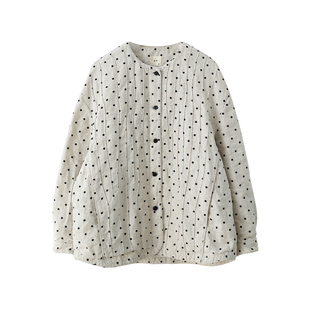 麻霖亚麻波点印花3M新雪丽棉夹棉牙签绗线风格圆领衬衫式棉衣外套