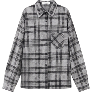 7AM10PM百搭宽松灰黑格针织衬衣复古格子衬衣女长袖衬衫叠穿外套