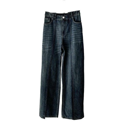 YMQY春设计感秋水洗休闲直筒长裤 中缝分割高腰慵懒风牛仔阔腿裤