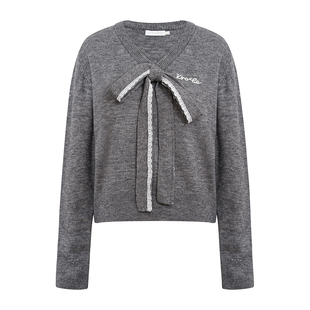 Kroche bowknot 花边拼接立体蝴蝶结飘带V领灰色套头毛衣