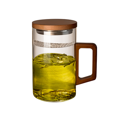 绿茶月牙过滤泡茶木把手玻璃水杯
