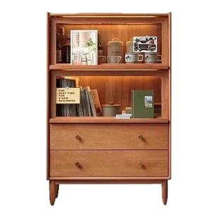 红橡木全实木翻门书柜电视柜边柜樱桃木储物书柜收纳柜带灯带原木