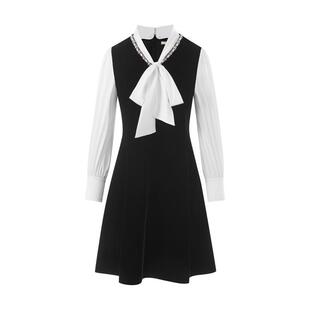 朗姿集团LIME莱茵飘带领丝绒雪纺拼接连衣裙25秋新款通勤商务裙