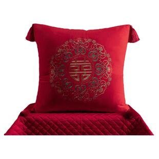 水星家纺婚庆靠垫抱枕婚房床头靠垫红色刺绣客厅沙发抱枕喜庆结婚