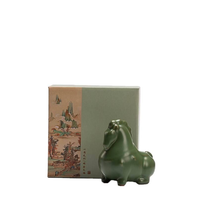 茶宠摆件汝窑陶瓷绿马龙马精神开茶宠摆件