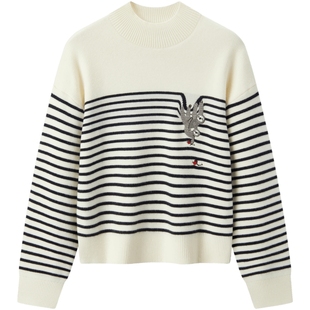 森柔|森马中国国家地理系列毛衣女冬季半高领刺绣条纹衫休闲毛衫