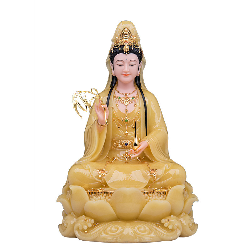 康盛黄玉彩绘坐莲花观音供奉摆件