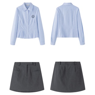 东京岁时记jk蓝色长袖衬衫白色条纹修身显瘦女学院风小个子衬衣