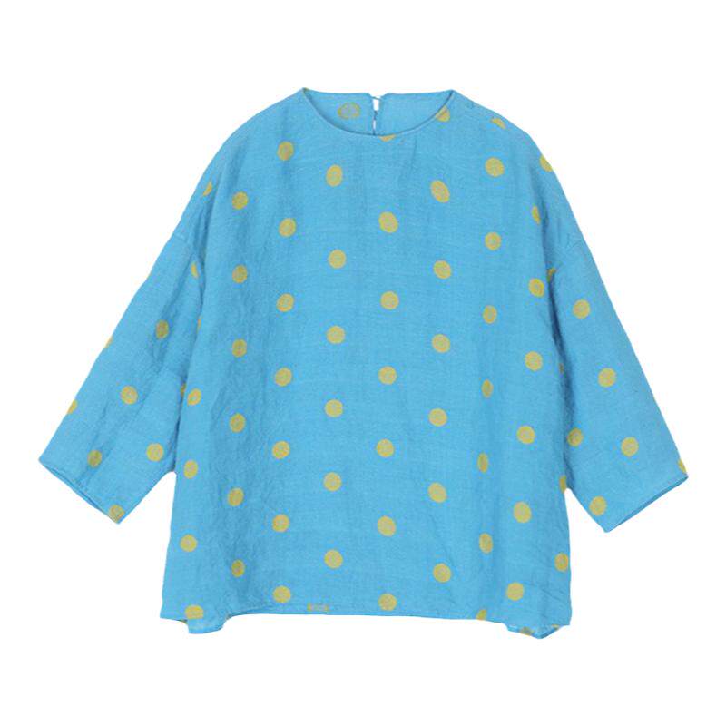 春夏亚麻波点提花圆领朴素套头宽松简约衬衫麻料文艺T恤宽松上衣