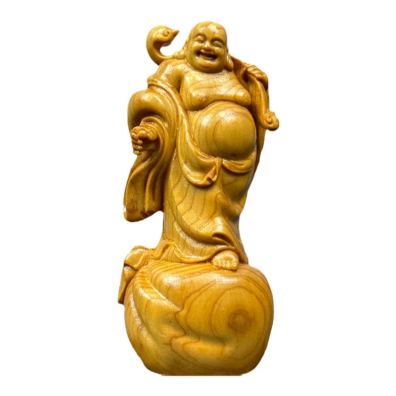 大肚弥勒佛笑佛崖柏木雕家居家用摆件中国风送礼品工艺品供奉玄关