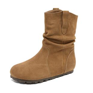 哈森【复古推推靴】2025秋冬季新款百搭显腿细女靴加绒保暖中筒靴