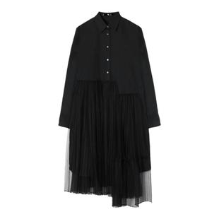 JNBY/江南布衣折扣秋冬网纱拼接连衣裙衬衫领中长宽松长袖府绸女