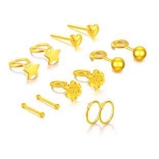 黄金耳钉999足金迷你小耳钉新款女纯金养耳棒耳针耳圈耳环弯豆豆