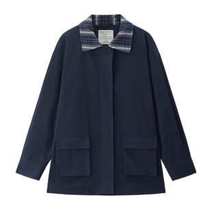 佐丹奴英伦风外套女装新款纯棉磨毛宽松拼接格纹翻领夹克05375679