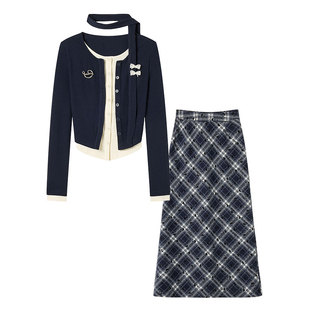 织物猪 秋野私立 学院风假两件针织衬衫套装女秋冬毛呢格纹长裙子