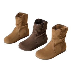 真皮百搭内增高5cm麂皮堆堆靴女复古圆头软底短靴小个子百搭靴子