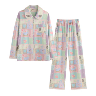 侘町2025年新款粉色木马格子睡衣女秋冬季德绒加厚开衫套装家居服