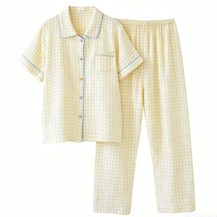 奶黄格子睡衣女款2026新款夏季纯棉纱布短袖长裤可外穿家居服套装