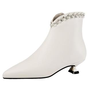 2025秋冬新款真皮尖头米白色细跟短靴中跟3cm小跟鞋加绒踝靴女靴