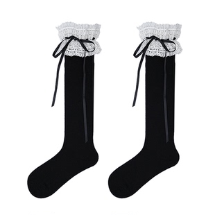 purpleguys花边袜子女春夏薄款jk日系Lolita蕾丝蝴蝶结黑色小腿袜