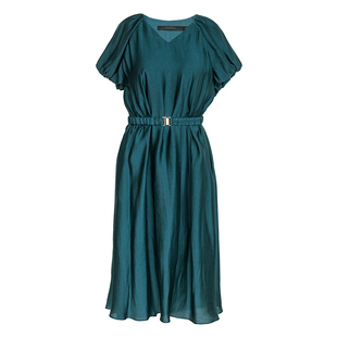 罗衣时尚别致孔雀绿连衣裙女2024夏装新款气质收腰大摆裙子08697