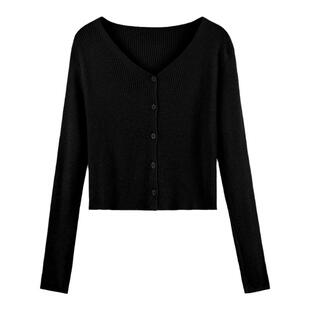 弥古绿色v领针织衫女开衫春秋吊带裙外搭罩衫黑色短款空调衫上衣