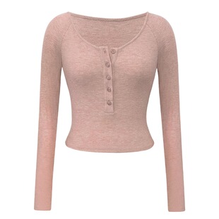 ooh itch痒痒 纽扣t恤女长袖修身纯欲性感风紧身针织打底衫上衣