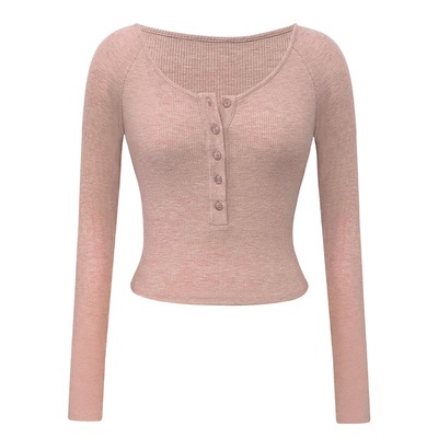 ooh itch痒痒 纽扣t恤女长袖修身纯欲性感风紧身针织打底衫上衣