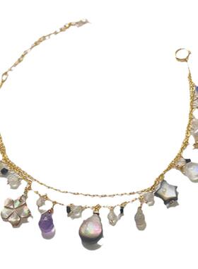 黑贝壳水滴包金花朵紫水晶手链