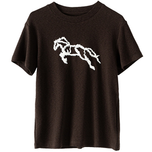 福马立体刺绣工艺奔腾骏马图案高支棉混纺短袖圆领修身T恤2026春