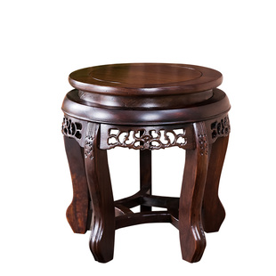 实木圆形客厅落地花架非洲黑檀木雕花瓶花盆石头底座摆件红木花几