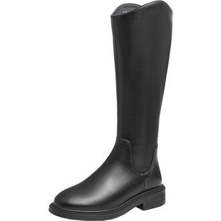 他她V口长筒靴女加绒高筒靴骑士靴黑色长靴Tata奥莱G5JA1DG4