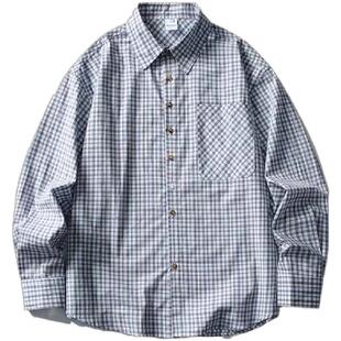 BurnBro知识分子蓝格子衬衫男女复古简约中性风宽松通勤长袖衬衣