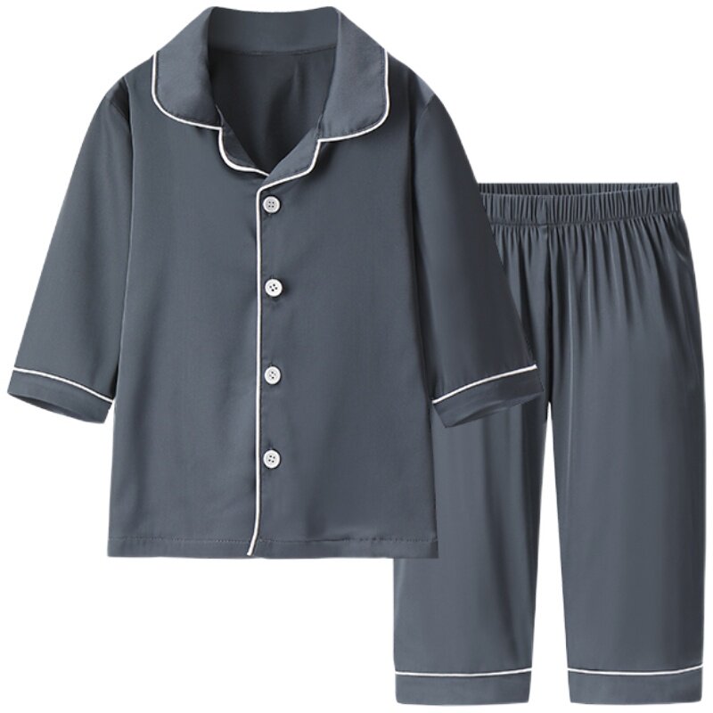 儿童冰丝睡衣春秋夏季薄款男女童男孩中大童七分袖丝绸家居服套装