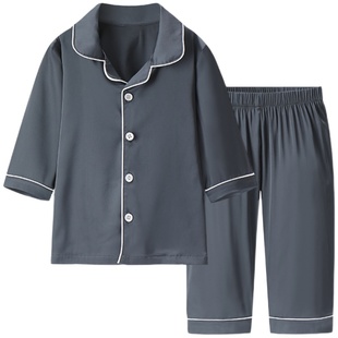 儿童冰丝睡衣春秋夏季薄款男女童男孩中大童七分袖丝绸家居服套装