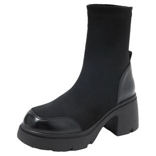 康莉弹力瘦瘦靴袜靴女秋冬小个子厚底复古圆头粗跟百搭短靴女靴鞋