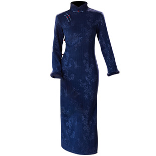 藏青色新中式国风雪尼尔加绒加厚旗袍冬季2025新款中长款日常复古