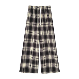 羊羔绒黑白格子阔腿裤女秋冬季2025新款加绒加厚毛呢直筒休闲裤子