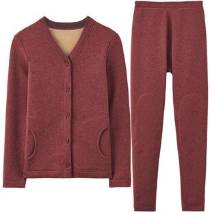 红豆保暖内衣加绒加厚开襟款秋冬季色纺带护膝秋衣秋裤套装预