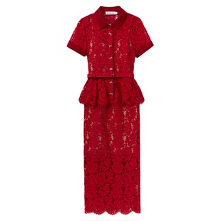self-portrait 2025早秋新款正红色翻领蝴蝶结设计感蕾丝连衣裙