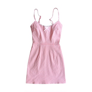 BERAN 独家定制复古蝴蝶结花边拼接弹力收腰少女格子吊带连衣裙