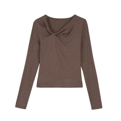 松仁黑巧斜领扭结长袖T恤上衣