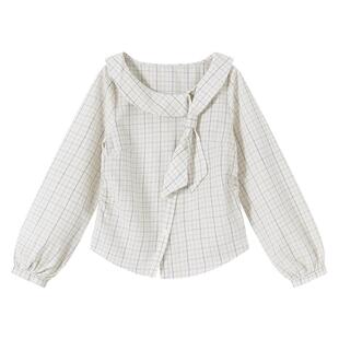 弥古法式格子不规则衬衫正肩长袖上衣女春季设计感绑带蝴蝶结衬衣