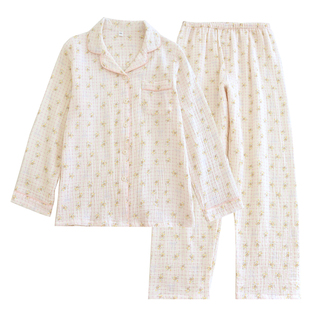 双层全棉泡泡纱布女款睡衣春秋夏季纯棉长袖长裤碎花蝴蝶结家居服