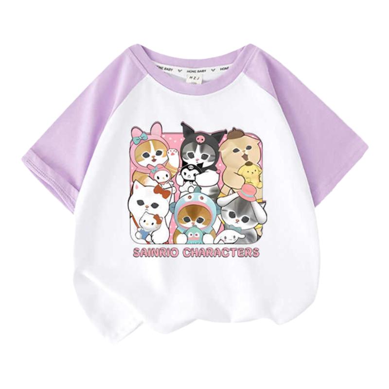 夏季插肩半袖小女生mofusand鲨鱼猫纯棉t恤韩版鲨鱼猫中大童上衣